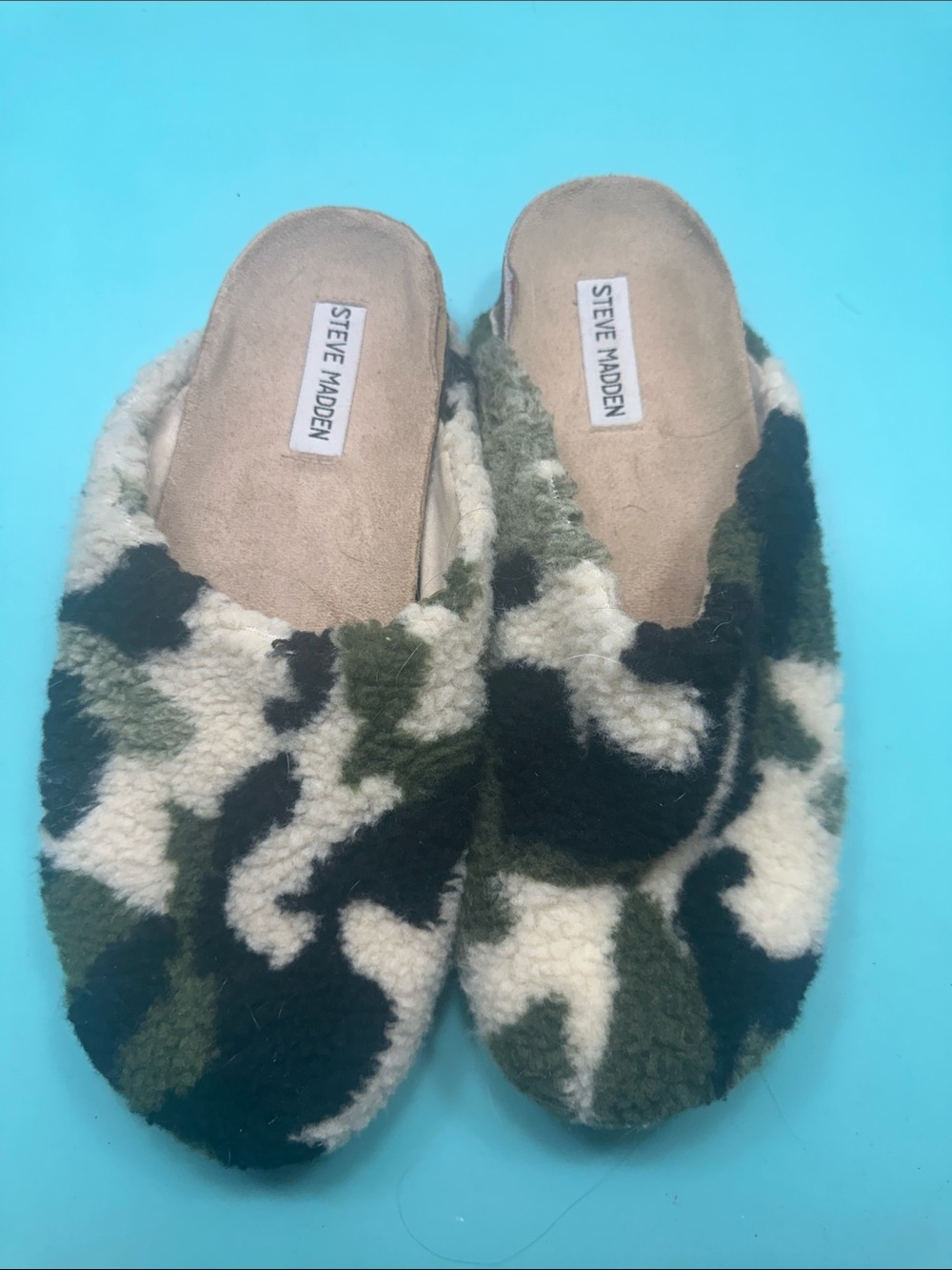 Steve Madden Women's Green Camo Fuzzy Slip-Ons